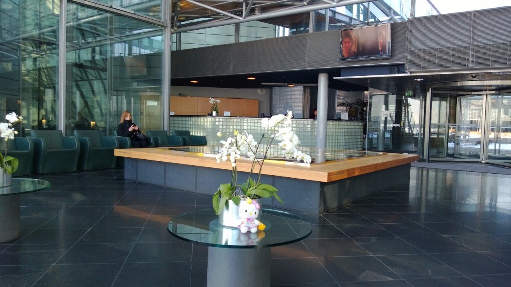 Nokia House (Espoo. Finland) welcomes my daughter's Hello Kitty plush toy.